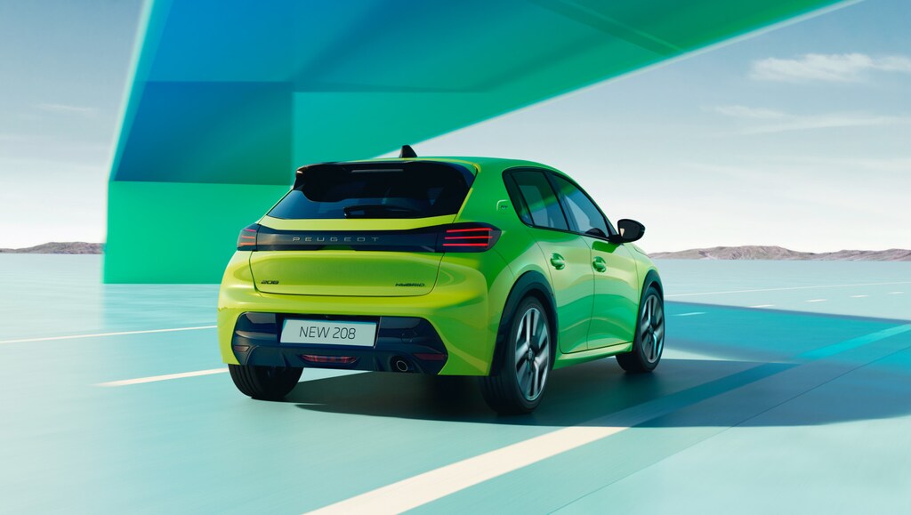 Rear view of the new PEUGEOT 208 HYBRID in Agueda Yellow